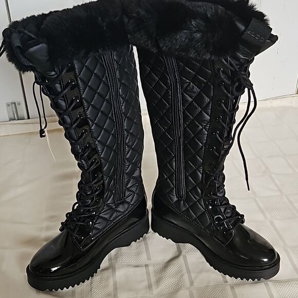 Aldo Women's Laralima Tall Quilted Lace-Up Faux Fur Trim Waterproof Boots 6 Blac - Picture 14 of 16